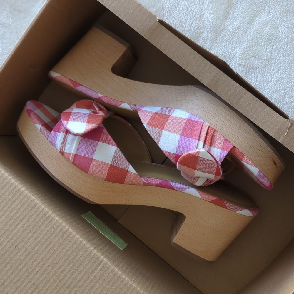 J. Crew Printed Plaid Clog Bow Heels Sandals Slide Sz 8 New Box Red White Purple - Picture 3 of 13